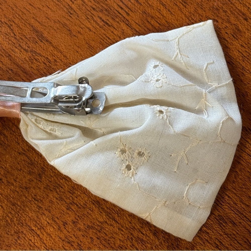 Vintage Eyelet Fabric Cream and Pink Bow Tie Hair Bow - Picture 6 of 10